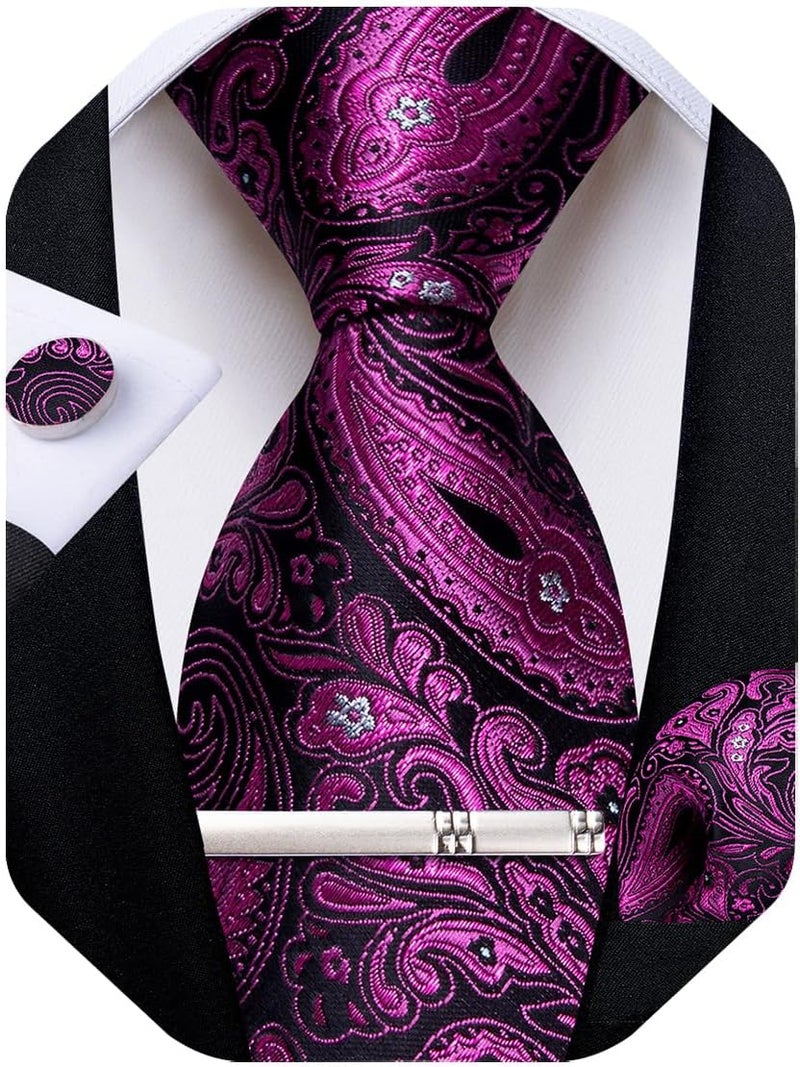 DiBanGu Paisley Ties for Men Silk Necktie and Pocket Square Cufflinks Tie Clip Set Woven Classic Mens Tie for Wedding Party - Image 1